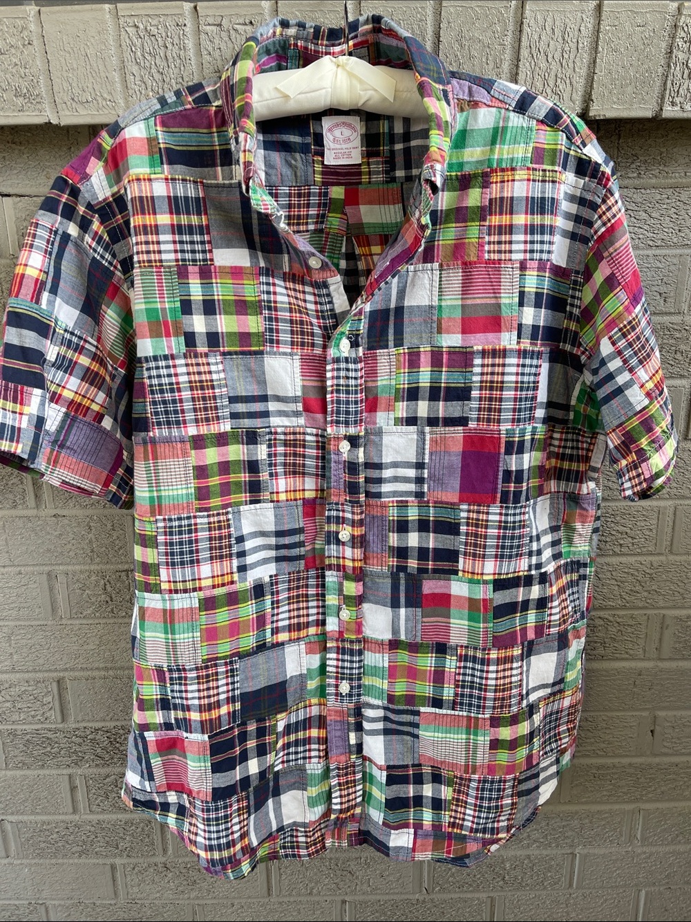 Brooks Brothers Men's Multi-Color Madras Patchwork Plaid Short-Sleeve Shirt- L